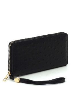 Ostrich Zip Around Wallet Wristlet OR020 BLACK